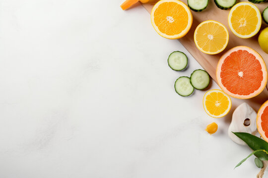 White table kitchen with slice orange, cucumber, lemon. Top view with copy space, flat lay. generative ai