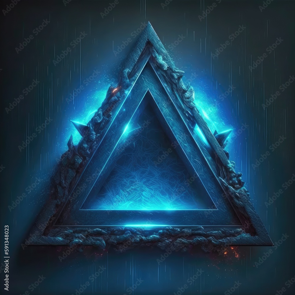 Poster abstract of glowing futuristic triangle frame illuminated with neon blue color light. concept of fut