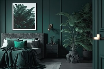 cozy bedroom with green walls and a comfortable bed. Generative AI