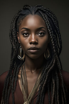 woman with dark skin color and brown eyes, she has long dreadlocks created with Generative AI technology
