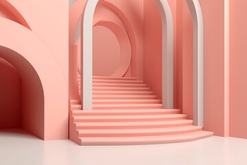 Arch and stairs in trendy minimal interior. 3d render illustration in modern geometric style. Coral pastel colors background for banners for product presentation. generative ai.