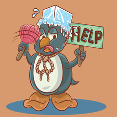 penguin asking for help with so much heat caused by global warming.