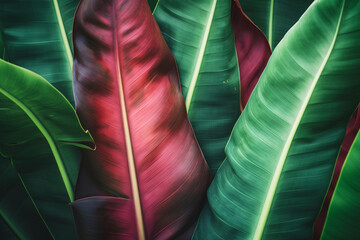 Close up of green and red banana leaves. generative ai