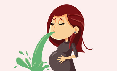 Pregnant Woman Feeling Sick Vomiting Vector Cartoon illustration. Stressed mother to be having morning sickness until third trimester
