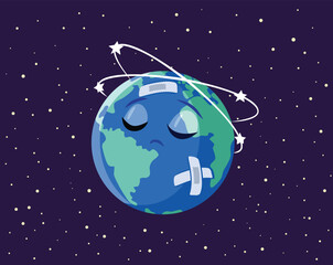 Fototapeta premium Hurt Planet Earth Suffering in Pain Vector Cartoon Illustration. Wounded world feeling ill and damaged after environmental health disaster 