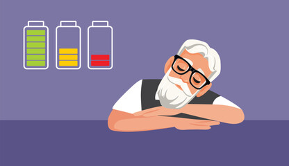 
Elderly Man Feeling Tired Falling Asleep at the Table Vector Illustration. Senior person feeling sleepy and tired all the time 
