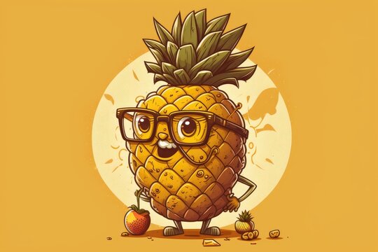 cute pineapple character with glasses holding an apple in its hand. Generative AI