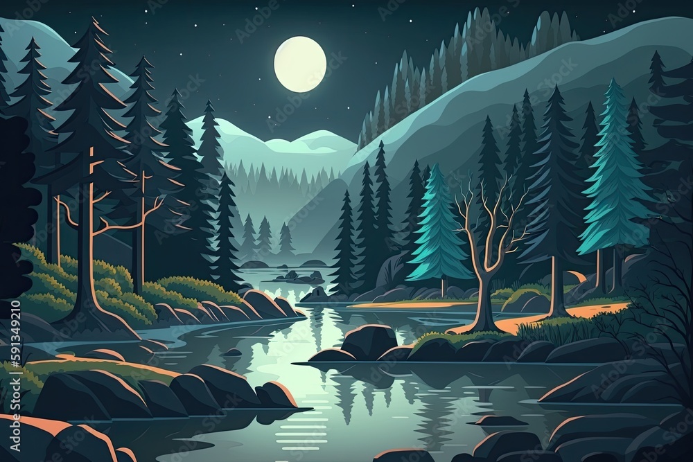 Poster serene night landscape with a flowing river and tall trees. Generative AI