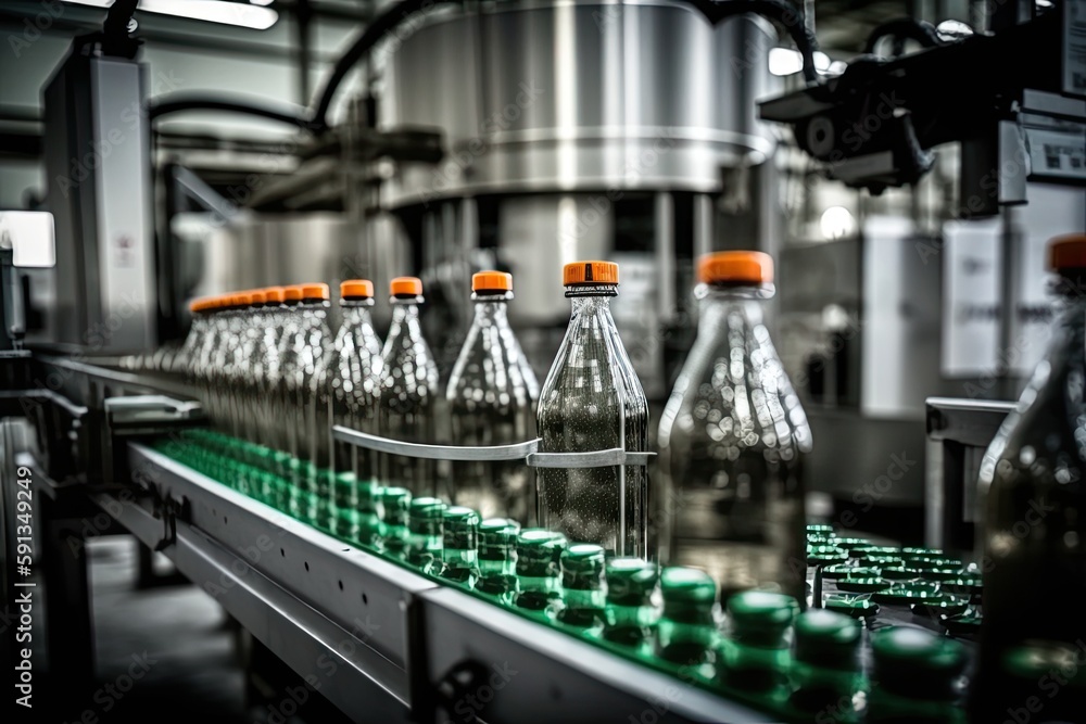 Poster production line with multiple bottles of water moving on a conveyor belt. generative ai