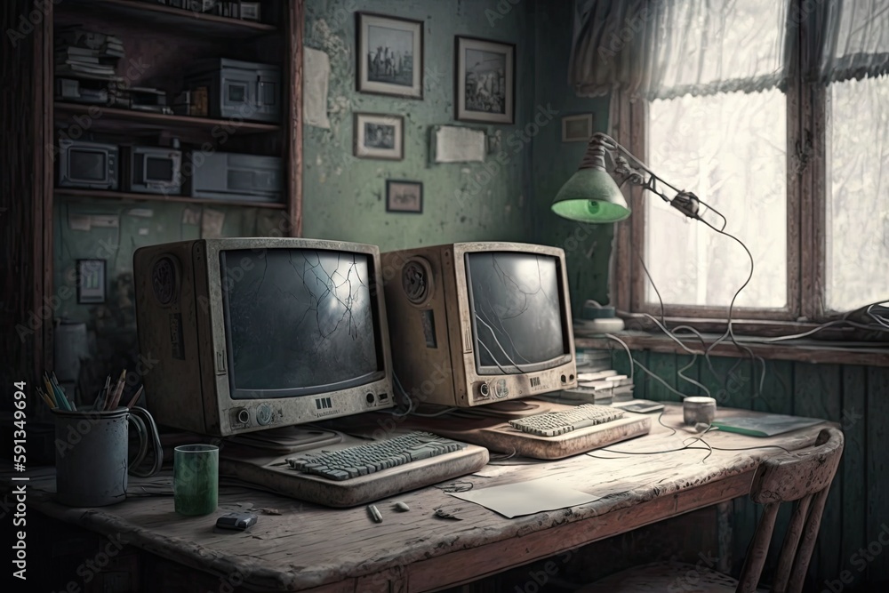 Aufkleber vintage computer setup with two monitors on a wooden desk. generative ai