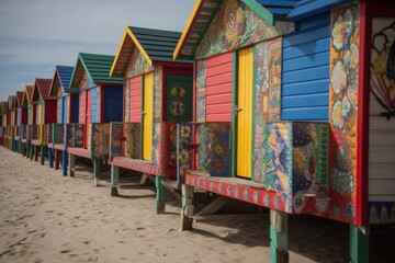 Fototapeta na wymiar Colorful Beach Huts with Unique Patterns and Designs, Vibrant and Inviting, Coastal Getaway Destination - Generative AI
