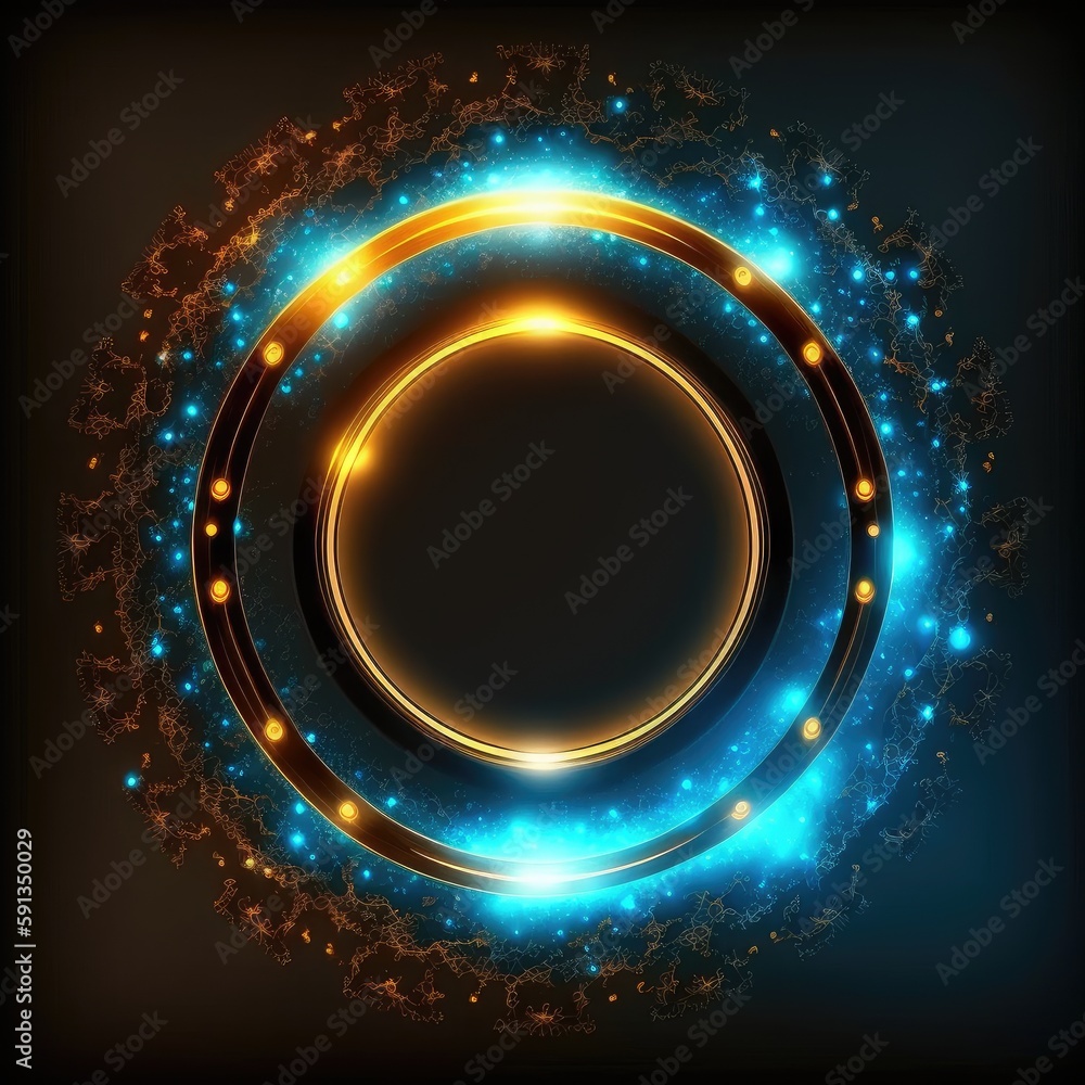 Poster abstract art of thick glowing golden and blue circle frame with vivid in chevrons game design. creat