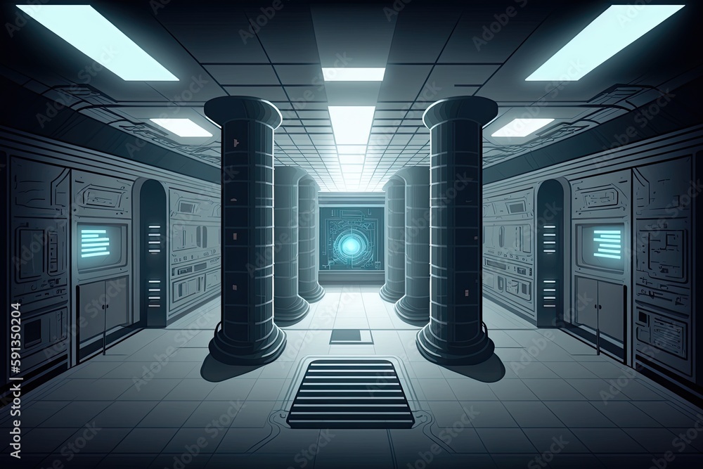 Poster Futuristic Hallway with Blue Illuminated Columns and High-Tech Aesthetics. Generative AI