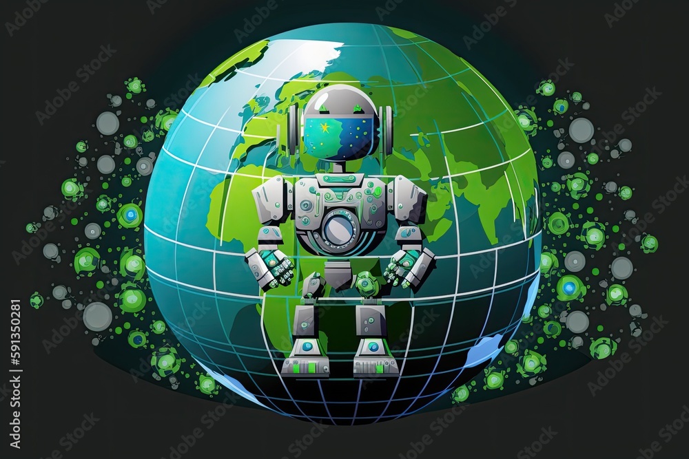 Poster futuristic robot standing on a globe, representing global technology and innovation. generative ai