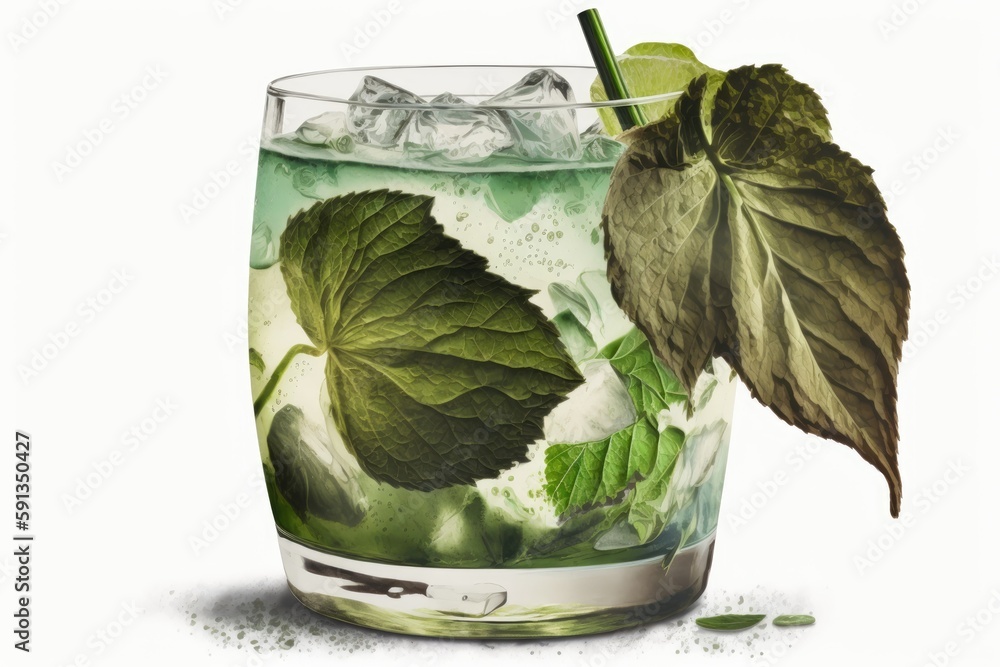 Poster refreshing drink with ice and a garnish of green leaf. generative ai