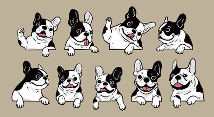 Cute Cartoon peeking Black and White French Bulldog dog set	