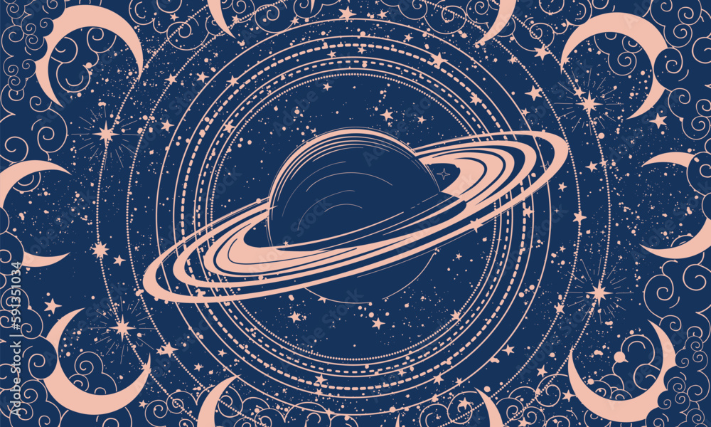 Wall mural mystical space background with planet saturn and moon on blue background with stars, flat design for