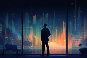 Silhouette of a successful businessman in suit looking at city from window of office, rear view. Corporate business flat illustration. Generative AI
