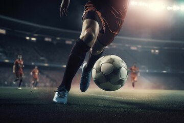 Fototapeta premium Team of football players in uniform playing with ball at stadium, close-up. Football match, sport competition. Generative AI