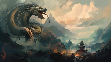 Sake Dragon in wallpaper China 8k - obrazy, fototapety, plakaty