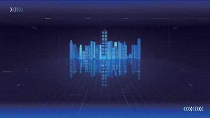 Interior perspective facing the illustration of the future city skyline
