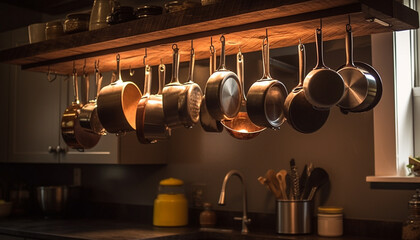 Shiny steel utensils hang in modern kitchen design generated by AI