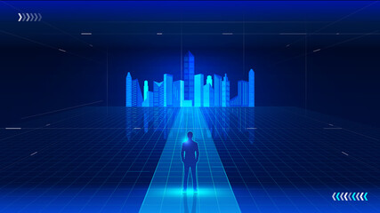 Businessmen stand inside facing the future city skyline