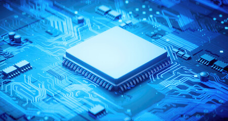 3D rendering of cyberpunk AI. Circuit board. Technology background. Central Computer Processors CPU and GPU concept. Motherboard digital chip. Tech science background.