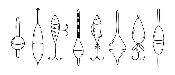 Set of elements for fishing.Collection of tackle and lures for fishing. vector illustration. Doodle style. Bright set for summer fishing.