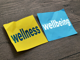 Wellness and wellbeing, text words typography written on color paper, life and business...