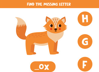 Find missing letter with cute cartoon fox. Spelling worksheet.
