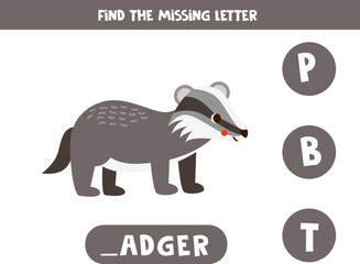 Find missing letter with cute cartoon badger. Spelling worksheet.