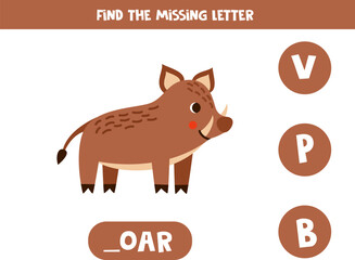 Find missing letter with cute cartoon boar. Spelling worksheet.