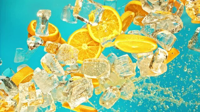 Fresh orange fruit, ice cube and drops juicy or alcohol beverage or sweet drink or shake soda pop splash pours in super slow motion 1000 fps. Cold orange slices, ice cubes and liquid blue background