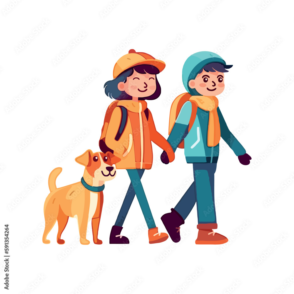 Poster cute cartoon kids walking their dog