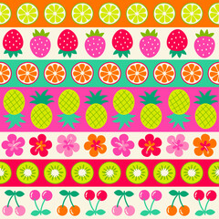 Colorful hibiscus and tropical fruit seamless pattern with striped background for summer holidays concept.