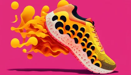 Foto op Canvas abstract illustration of a shoe sneakers design, vibrant strike colors with isolated background, single shoe lace, vintage vibe floaty creamy patterns flat fashion, generative ai © Anna Elizabeth