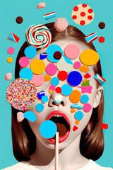boy face covered in candy lips come out sweet vibrant collage art style, colorful pills on face, Inspiration, idea, trendy urban magazine style, girl with candies isolated blue backgr, generative ai