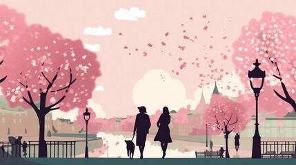 People in a springtime cityscape with cherry blossoms.The Generative AI
