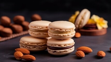 Almond macarons are sweet dessert cookies that are treats.The Generative AI