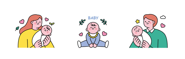 family month. People who appreciate their parents and love their children. Mother holding a baby, father holding a baby, cute baby characters.