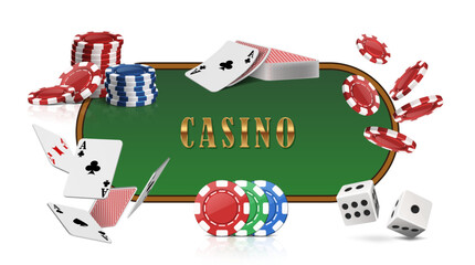 3d realistic vector illustration. Poker casino gambling banner accesories. Set of blackjack game chips, aces, dice.