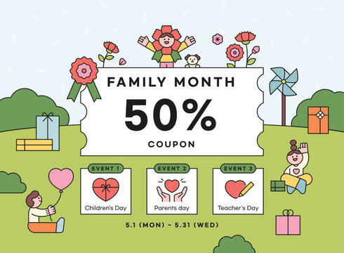 Family month event. Coupons,gifts,flowers and children on park background. banner template.