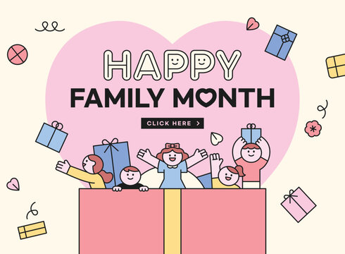 Family month event. Children and presents pop out of a large gift box. banner template.