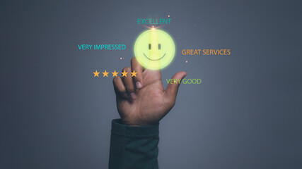 Man hand choosing happy smile face positive mindset selection for feedback review satisfaction...
