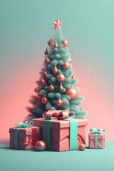 Christmas tree. Merry christmas and happy new year festive background. Christmas 3d cartoon design. Bright greeting card, poster, banner. generative ai