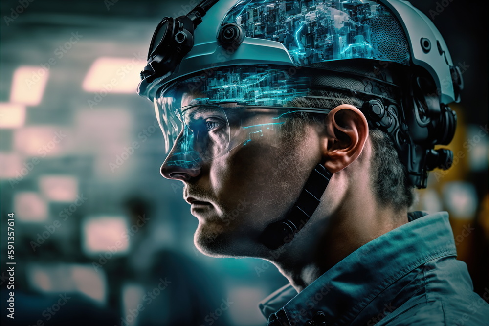 Poster electrical engineering concept design. electrician or engineer wear hardhat with double exposure eff
