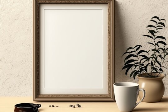 wooden picture frame and a coffee cup on a table. Generative AI