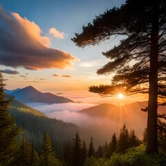 Majestic Mountain Sunset: Nature's Beauty Unveiled in the Golden Hour, Generative AI
