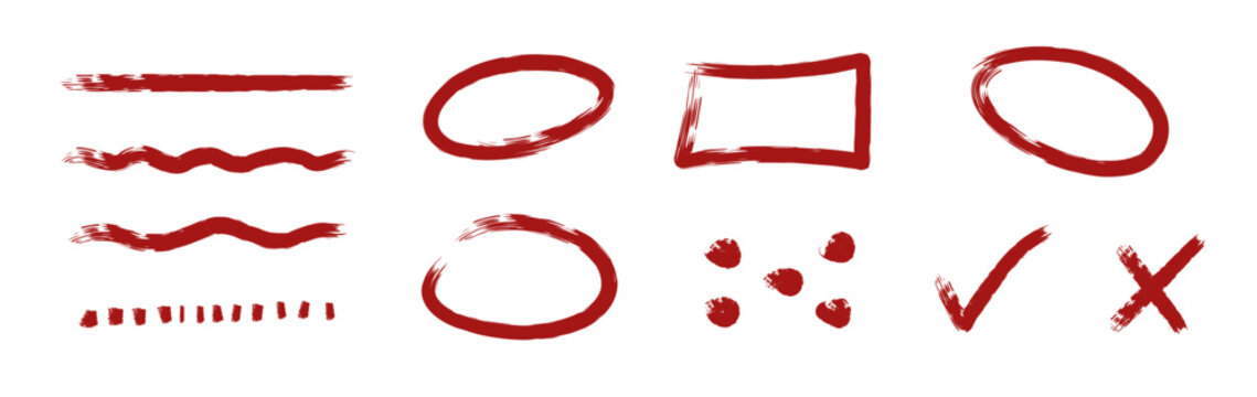 Red, Burgundy Brush Highlighter Set. Doodle scribble lines, waves, curves, cross, check, dotted. Dry ink, painted highlight underline strokes. Hand drawn round, cicle and square frames (Full Vector)